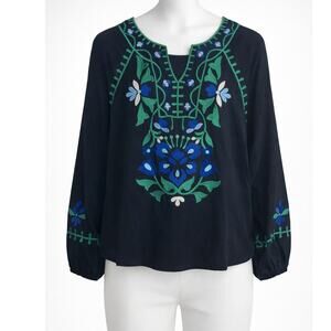 Roller Rabbit Navy Embroidered Tunic Top Womens Small Floral Long Sleeve Cotton